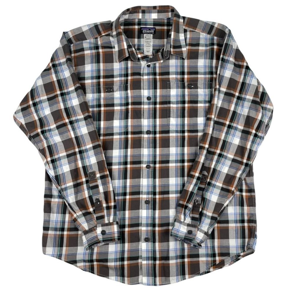Men's Patagonia Long Sleeve Button Up Shirt Brown and Blue Size Large